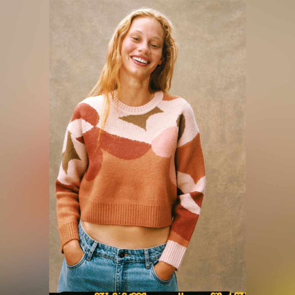 Cotton On Terracotta Earth Tone Abstract Cropped Long Sleeve Sweater